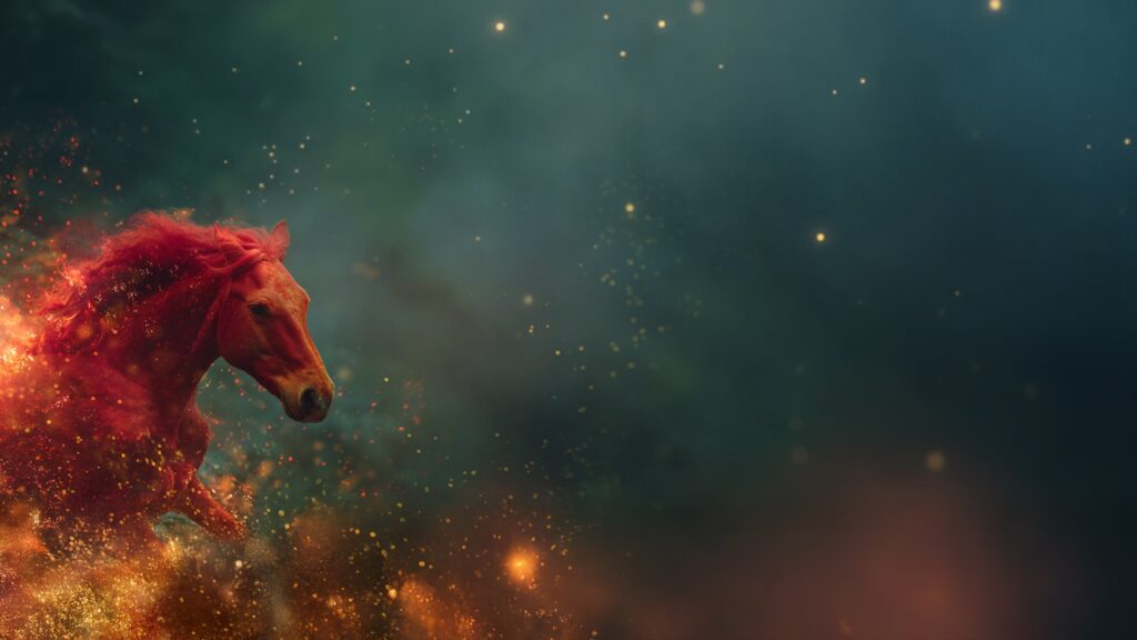 A red horse made of fire and embers running through a dark, starry sky